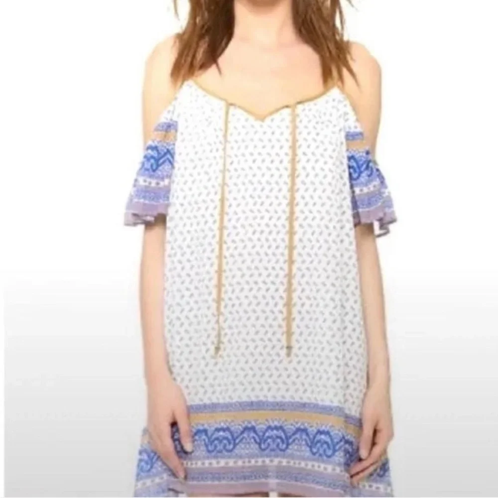 FREE PEOPLE-BLUE AND WHITE OFF SHOULDER DRESS-WOMENS SIZE LARGE